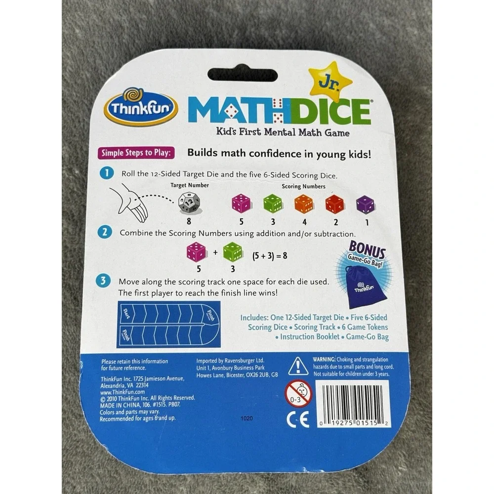 Thinkfun Jr. Math Dice Jr Kids First Mental Math Game Learning Ages 6+ *NEW